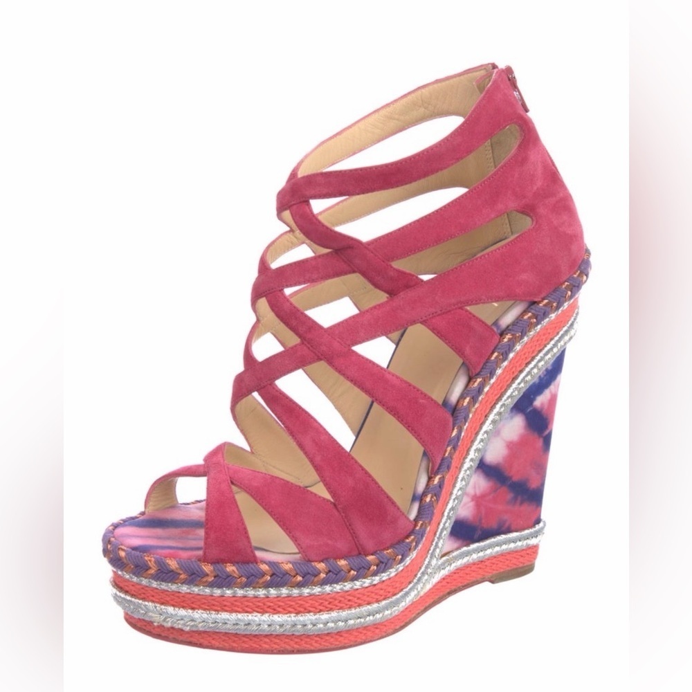 Christian Louboutin Tosca Espadrille Pink Suede Leather Strap Wedge Sandals 39 - Picture 3 of 6